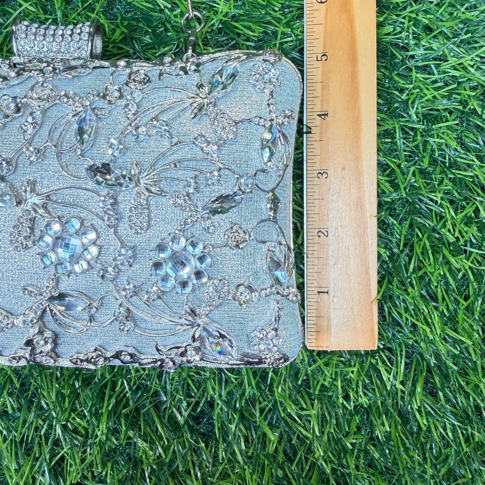Rhinestone Evening Clutch Women Small Silver Excellent Floral Crystal - Picture 6 of 9
